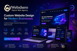 Webxhero Digital Web Agency promotional banner showcasing custom website design across a desktop monitor, laptop, tablet, and smartphone on a dark blue and neon purple desk setup.