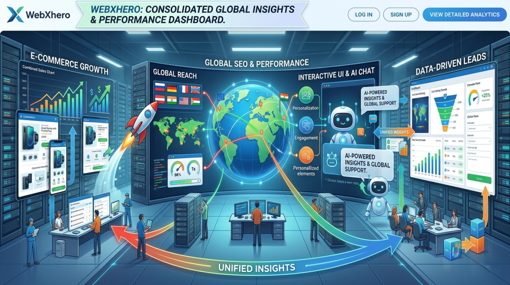 WebXhero global performance dashboard displaying e-commerce growth metrics, unified data insights, international SEO analytics, and AI chat support elements inside a modern tech server room