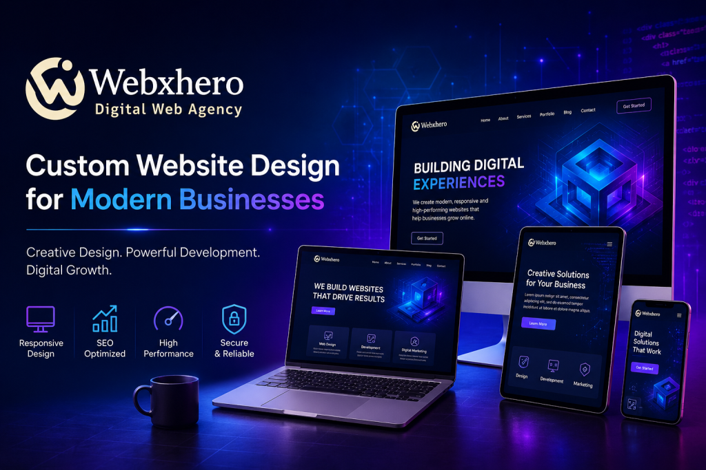 Custom website design for modern businesses featuring responsive web design, SEO optimization, and professional web development services.