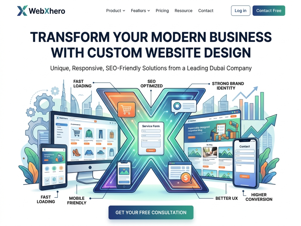 WebXhero custom website design illustration showcasing features like fast loading, mobile-friendly layouts, SEO optimization, better UX, and strong brand identity across desktop and mobile screens.